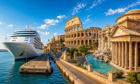 Civitavecchia cruise ship with Rome landmarks including the Colosseum, Pantheon and St. Peter’s Basilica